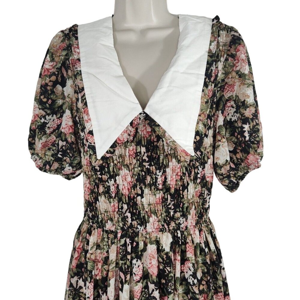 En Saison Dark Floral Collar Smocked Dress Cottage Size M Short Sleeve Prairie - Picture 3 of 9